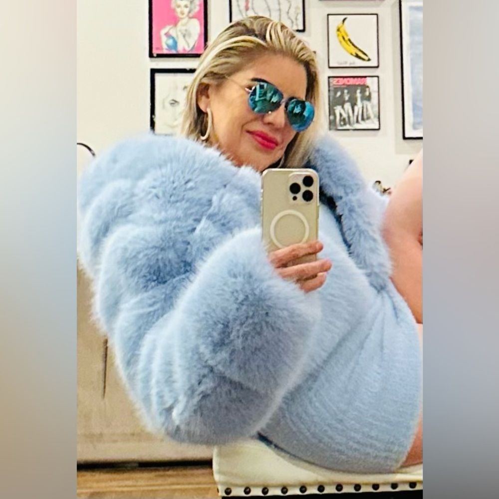 Lala Parker MISS JULIA  Faux Fur Paneled Bomber Jacket in Sky Blue NWT L